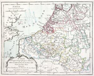 1763年にパリで発行されたAtlasgéographiqueet militaireによる、ルイ14世の低地での軍事作戦を示す地図（カラー彫刻）